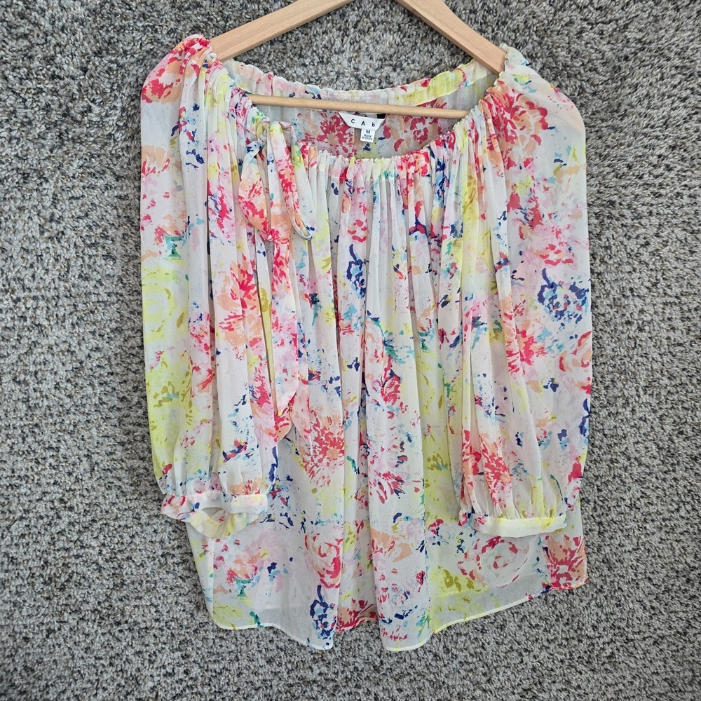 CAbi Top Womens Medium Yellow Sheer Watercolor In Case Blouse Style 826 Ladies